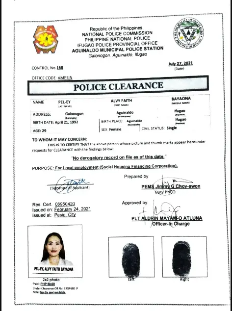 Sample of Philippines Police Clearance 
