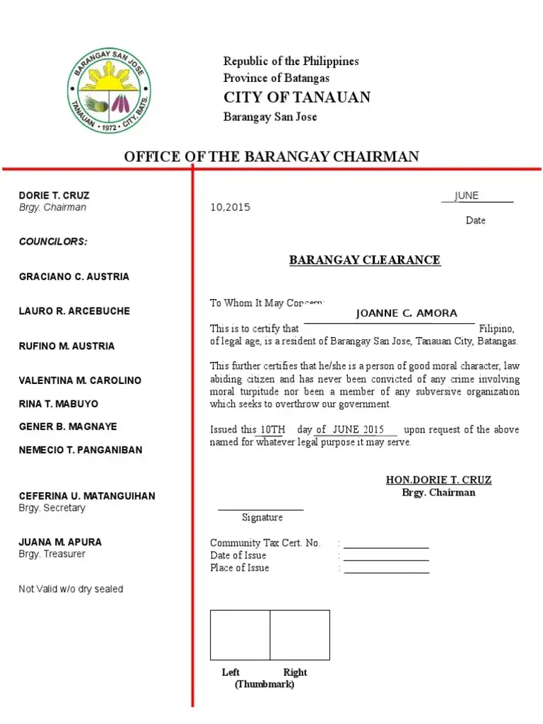 Barangay Clearance Certificate Sample
